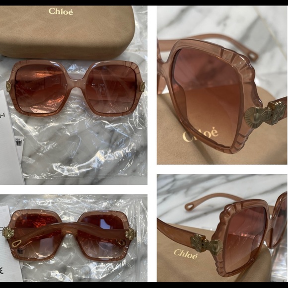 CHLOE SCALLOPED NUDE PINK TRANSPARENT SQUARE SUNGLASSES SUN  HEART MOTIF HINGES - Picture 12 of 16